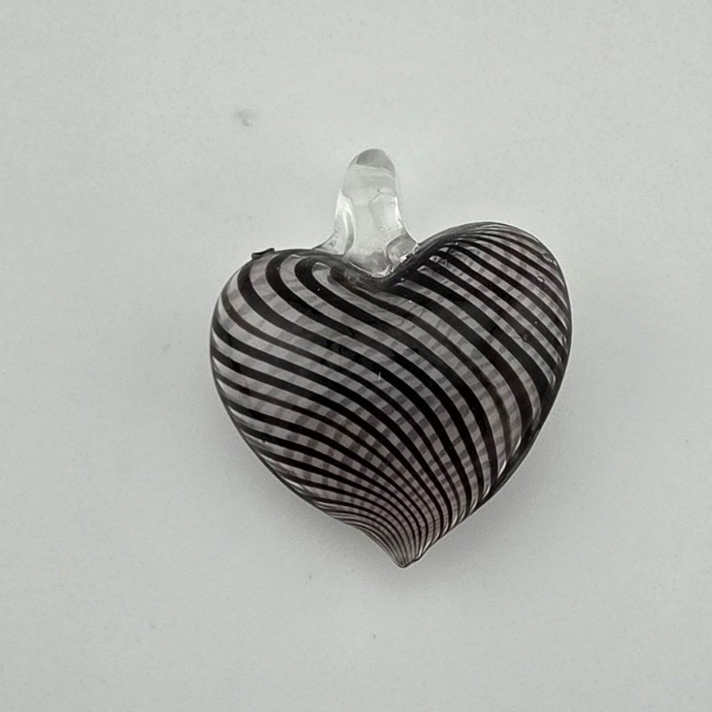 Handmade Lampwork Glass Heart Pendant Black White Swirl Striped Artisan Jewelry